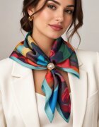 Shopika Esarfa satinata patrata cu imprimeu floral colorat - usor asoratabila cu inel inclus