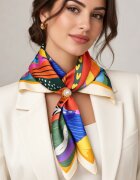 Shopika Esarfa satinata patrata cu imprimeu vegetal multicolor - usor asoratabila cu inel inclus