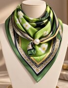 Shopika Esarfa satinata patrata cu imprimeu vegetal verde - cu perla decorativa si inchidere magnetica