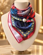 Shopika Esarfa satinata patrata cu nuferi pe fond bleumarin - cu perla decorativa si inchidere magnetica
