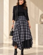 Shopika Fusta asimetrica suprapusa din stofa cadrilata negru cu gri si tulle