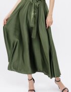 Shopika Fusta clos kaki din satin cu elastic si cordon in talie
