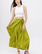 Shopika Fusta clos verde oliv din satin cu elastic si cordon in talie