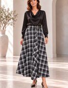 Shopika Fusta din stofa cadrilata negru cu gri cu drapaj lateral volumetric