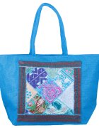 Shopika Geanta albastra din material textil natural tip sac cu aplicatie unicat brodata manual