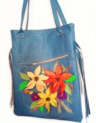 Shopika Geanta albastra handmade din piele naturala cu flori 3D pictateunicat