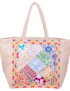 Shopika Geanta bej din material textil natural tip sac cu aplicatie unicat brodata manual