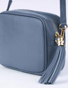 Shopika Geanta crossbody albastru jeans din piele naturala cu ciucure din piele