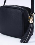 Shopika Geanta crossbody bleumarin inchis din piele naturala cu ciucure din piele