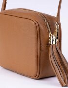 Shopika Geanta crossbody camel din piele naturala cu ciucure din piele