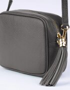 Shopika Geanta crossbody gri inchis din piele naturala cu ciucure din piele