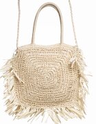 Shopika Geanta crossbody patrata mare impletita cu franjuri mari decorative bej deschis