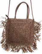 Shopika Geanta crossbody patrata mare impletita cu franjuri mari decorative maro
