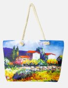 Shopika Geanta de plaja din material textil cu imprimeu dupa o pictura cu casute si gradini