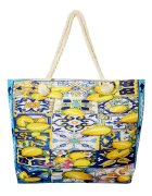 Shopika Geanta de plaja din material textil cu imprimeu mediteranean cu lamai pe alb galben si albastru