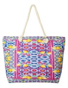 Shopika Geanta de plaja din material textil cu model mediteranean cu lamai pe alb si fucsia