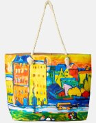 Shopika Geanta de plaja din material textil dupa tablou celebru cu case multicolore