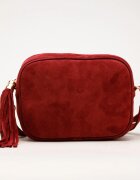 Shopika Geanta din piele intoarsa cu franjuri model crossbody bordo
