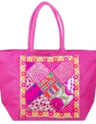 Shopika Geanta fucsia din material textil natural tip sac cu aplicatie unicat brodata manual