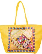 Shopika Geanta galbena din material textil natural tip sac cu aplicatie unicat brodata manual