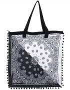Shopika Geanta patrata de plaja din material textil cu ciucuri pe trei laturi alb si negru
