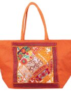 Shopika Geanta portocalie din material textil natural tip sac cu aplicatie unicat brodata manual