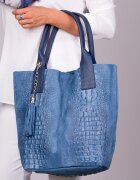 Shopika Geanta shopper albastra din piele intoarsa naturala