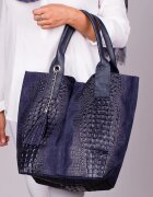 Shopika Geanta shopper bleumarin din piele intoarsa naturala