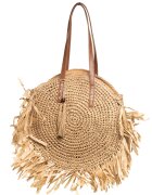 Shopika Geanta shopper circulara mare impletita cu franjuri mari decorativi bej inchis