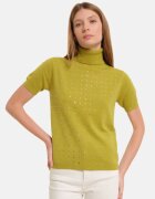 Shopika Helanca pulover cu strasuri cu guler inalt si maneca scurta din tricotaj fin verde oliv