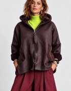 Shopika Jacheta dama oversized tip cojoc cu gluga si efect de piele intoarsa maro ciocolatiu