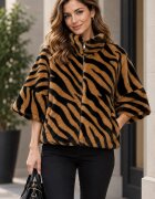 Shopika Jachetă din blana scurtă animal print tigru maro negru cu maneca 3 4 căptușeală și fermoar