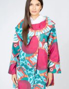 Shopika Jacheta midi cu guler petrecut si imprimeu abstract turcoaz-bordo