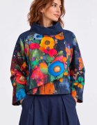 Shopika Jacheta scurta petrecuta cu imprimeu floral abstract multicolor bleumarin