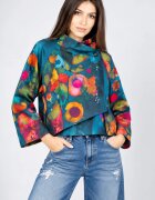 Shopika Jacheta scurta petrecuta cu imprimeu floral abstract multicolor turcoaz
