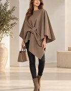 Shopika Jacheta trendy stil poncho din stofa cu vascoza bej fango