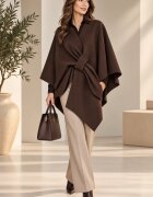 Shopika Jacheta trendy stil poncho din stofa cu vascoza maro