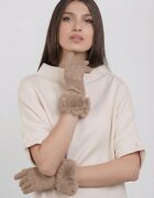 Shopika Manusi dama din material textil catifelat cu blanita naturala de iepure bej