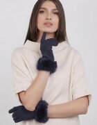 Shopika Manusi dama din material textil catifelat cu blanita naturala de iepure bleumarin