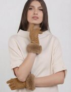 Shopika Manusi dama din material textil catifelat cu blanita naturala de iepure camel