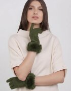 Shopika Manusi dama din material textil catifelat cu blanita naturala de iepure kaki