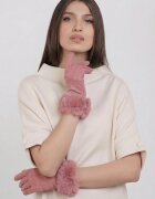 Shopika Manusi dama din material textil catifelat cu blanita naturala de iepure roz prafuit