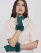 Shopika Manusi dama din material textil catifelat cu blanita naturala de iepure turcoaz inchis