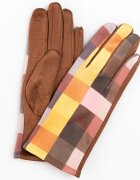 Shopika Manusi dama imprimeu patrate galbene si maro pe fond camel material catifelat