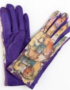 Shopika Manusi dama imprimeu pictural abstract pe fond mov material catifelat