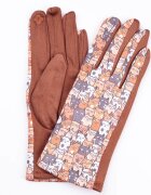 Shopika Manusi dama imprimeu pisici cu ochi mari pe fond camel material catifelat