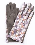 Shopika Manusi dama imprimeu pisici cu ochi mari pe fond kaki material catifelat