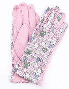 Shopika Manusi dama imprimeu pisici cu ochi mari pe fond roz prafuit material catifelat