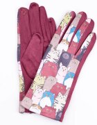 Shopika Manusi dama imprimeu pisici grasute pe fond bordo material catifelat