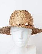 Shopika Palarie de paie impletita cu decoratiune din scoici camel